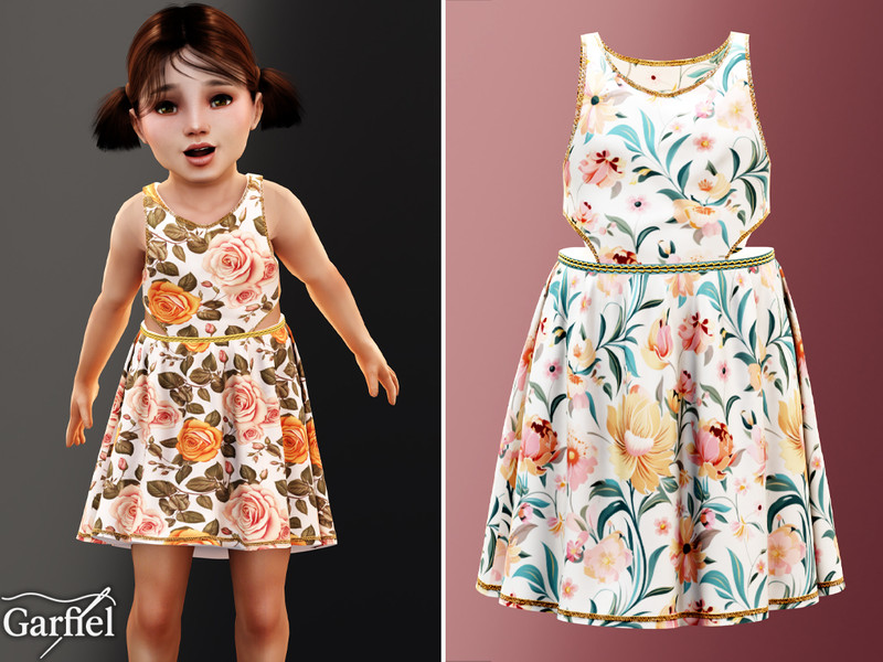 Sims 4 belt and belted fashion CC Toddler - Floral sleeveless dress with elegant cutout waist by Garfiel