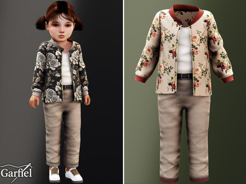 Sims 4 urban fashion CC Toddler - Floral bomber jacket set with relaxed straight pants by Garfiel