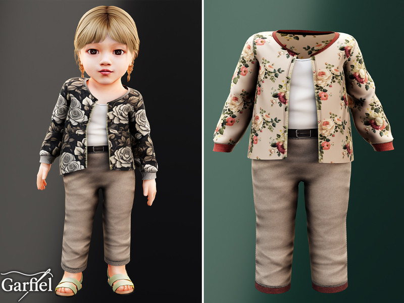 Sims 4 male-category clothing across ages CC Infant - Floral zip jacket set with tapered ankle pants by Garfiel