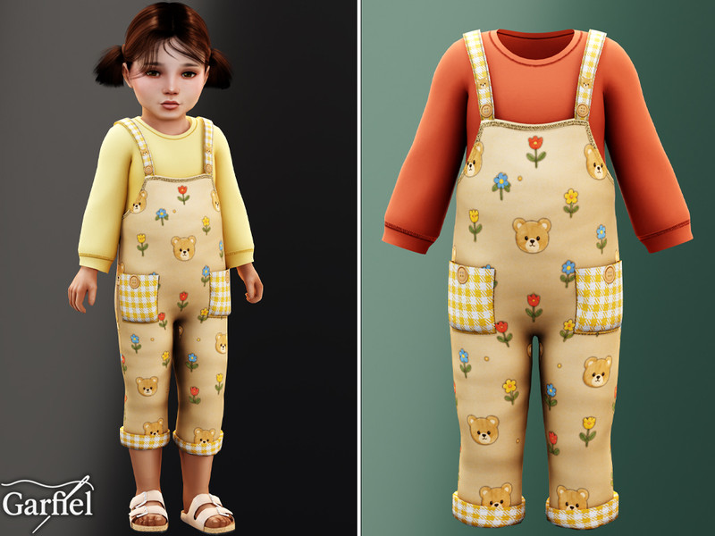 Sims 4 animal print and faux fur fashion CC Toddler - Bear print overalls with gingham pocket details by Garfiel
