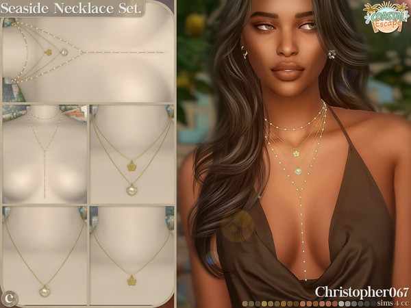 Sims 4 — Seaside Necklace Set - Pearl Bead Seashell and Flower Charm Layered Necklaces by christopher0672 — This is a