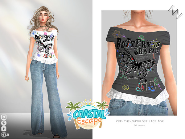 Sims 4 — OFF-THE-SHOULDER LACE TOP by ZNsims — Off-the-shoulder, lace, print, top, casual