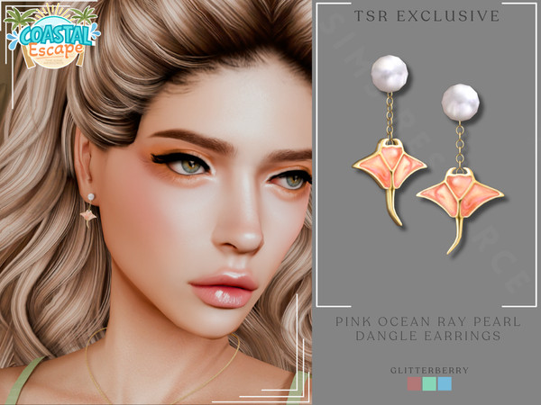 Sims 4 — Coastal Escapes - Pink Ocean Ray Drop Pearl Earrings by Glitterberryfly — Pink Ocean Ray Drop Pearl Earrings