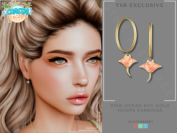 Sims 4 — Coastal Escape - Pink Ocean Ray Gold Hoop Earrings by Glitterberryfly — Pink Ocean Ray Gold Hoop Earrings