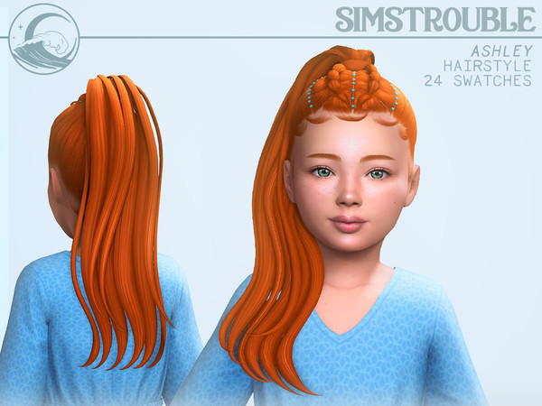 Sims 4 — simstrouble_ChildHair_AshleyV1 by simstrouble — A high, sleek ponytail with an intricate, tied top section,