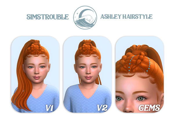 Sims 4 — simstrouble_ChildHair_Ashley-Gems by simstrouble — A high, sleek ponytail with an intricate, tied top section,