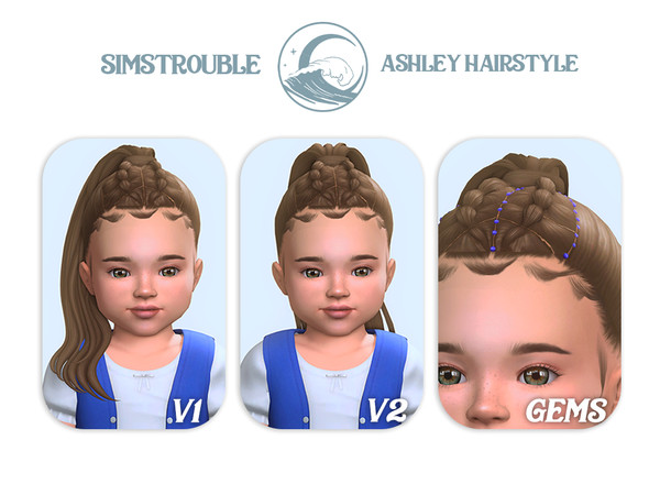 Sims 4 — simstrouble_ToddlerHair_Ashley-Gems by simstrouble — A high, sleek ponytail with an intricate, tied top section,