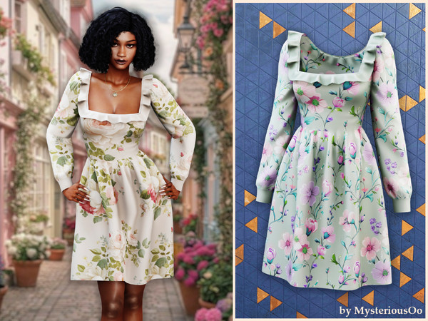 Sims 4 — Ruffle trim floral dress by MysteriousOo — This feminine dress features a flattering square neckline accented