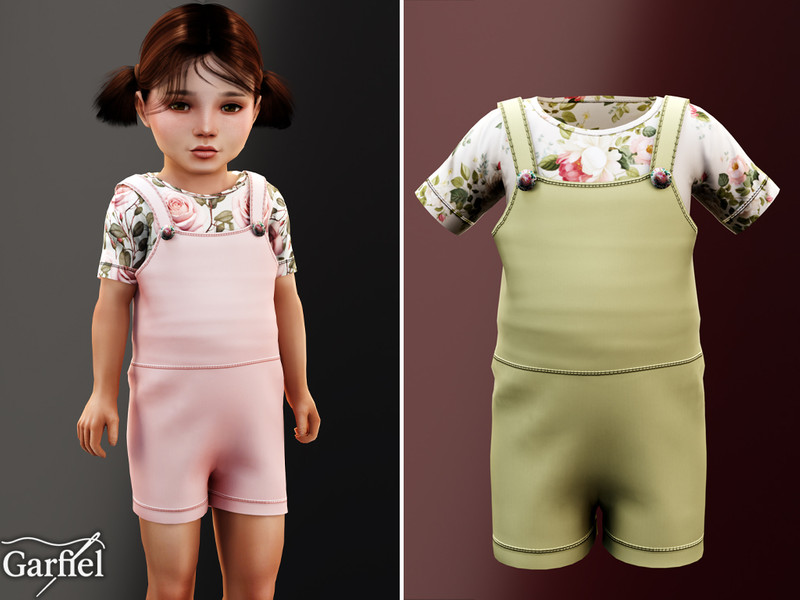 Sims 4 toddler boy clothing CC Toddler - Short overall set with floral print top by Garfiel
