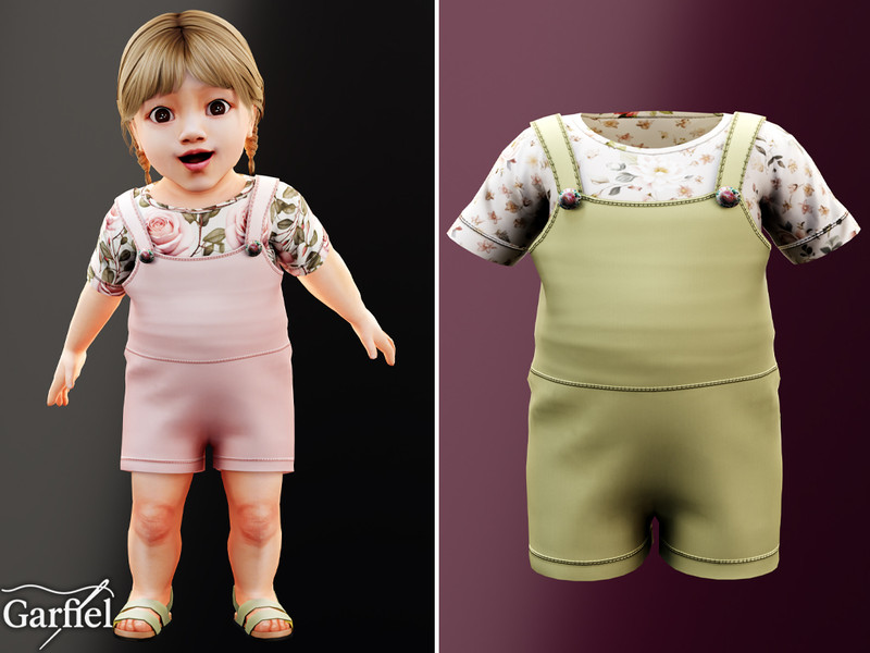 Sims 4 mens and boys beach swim and resort clothing CC Infant - Floral tee and short overall summer set by Garfiel