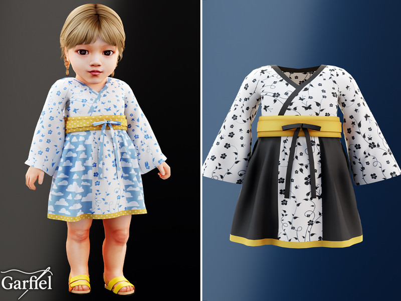 Sims 4 weather-themed CC CC Infant - Kimono style dress with sash and cloud print by Garfiel
