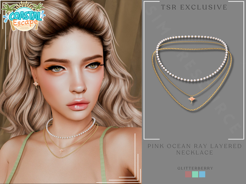Sims 4 CC Coastal Escape - Pink Ocean Ray Layered Necklace by Glitterberryfly