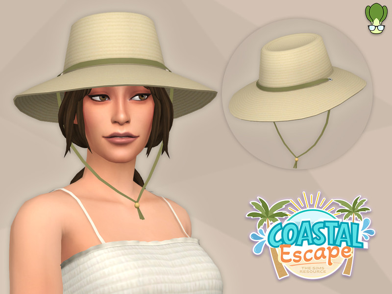 Sims 4 hat CC Coastal Escape - Straw Summer Hat With Chin Strap by kapakijo