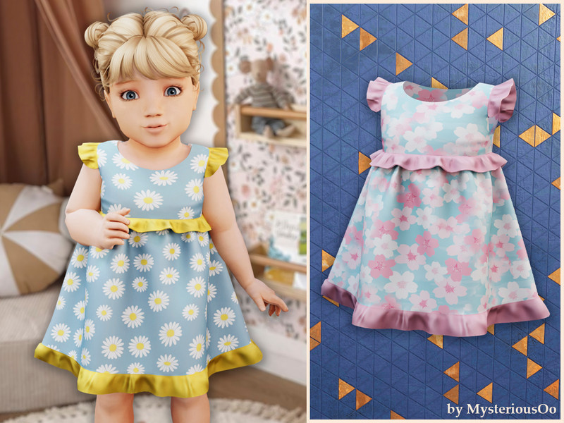 Sims 4 infant clothing and accessory CC Infant - Ruffle trim floral dress by MysteriousOo
