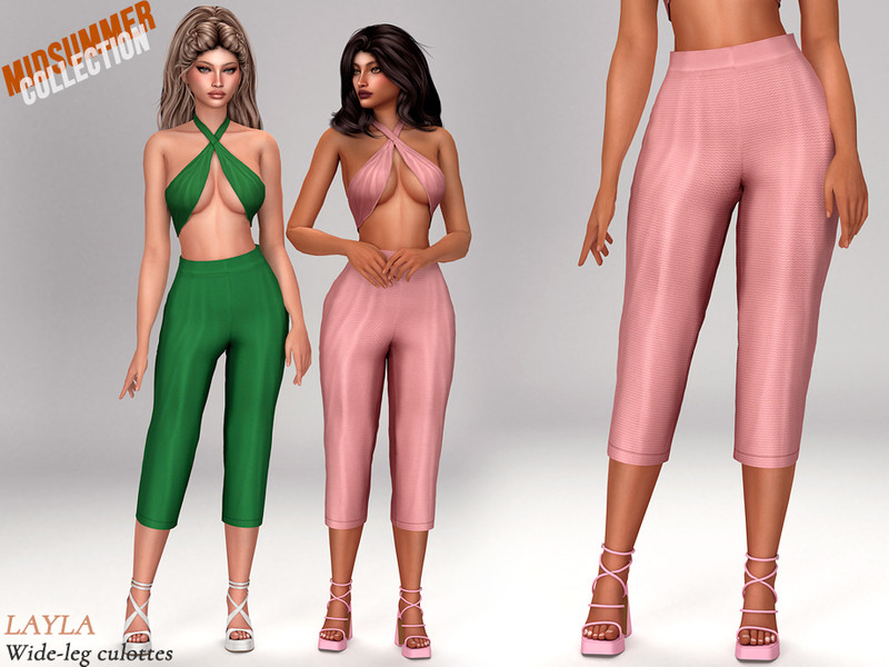 Sims 4 CC Layla-Midsummer Collection-Asymmetric Halter Set-Wide-leg culottes (P019) by Layla
