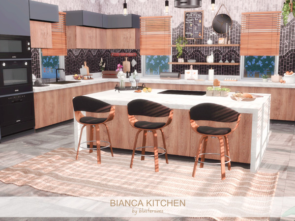 Sims 4 — Bianca Kitchen by BlusterSims — Bianca Kitchen is a stylish modern kitchen featuring warm wood cabinetry,