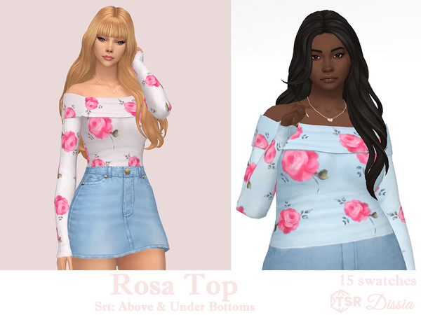 Sims 4 — Rosa Top - Under Bottoms by Dissia — Bare shoulders long sleeves roses pattern top
