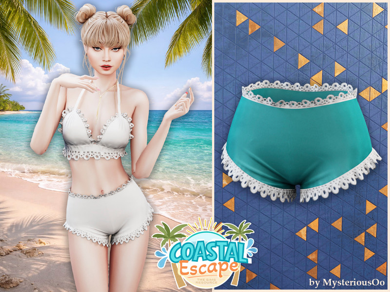 Sims 4 belt and belted fashion CC Coastal Escape - Lace trim high waist swim shorts by MysteriousOo