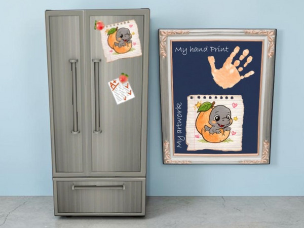 Sims 4 — WV peach and grey child keepsake artwork by WriterVengeance — A basegame refrigerator with added artwork that I