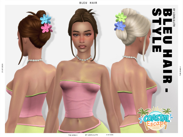 Sims 4 — Coastal Escape Bleu Flower Hairclip Bun hairstyle by Leah_Lillith — There is a flower hairclip recolor accessory