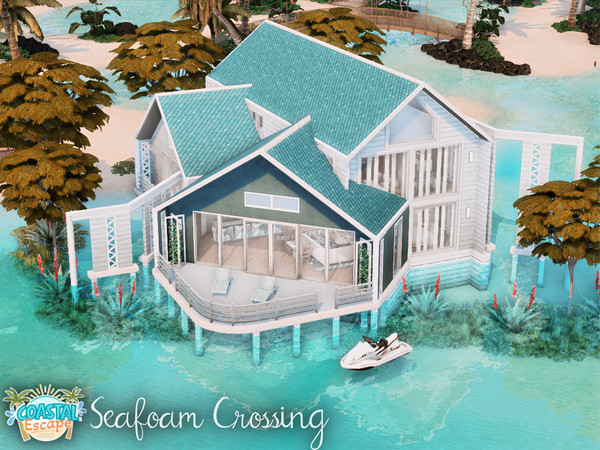 Sims 4 — Seafoam Crossing l noCC by simZmora — A light three-bedroom, two-bathroom vacation home resting above clear