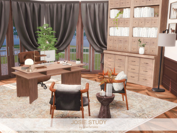 Sims 4 — Josie Study by BlusterSims — A refined and inviting home office featuring rich wood finishes, elegant drapery,