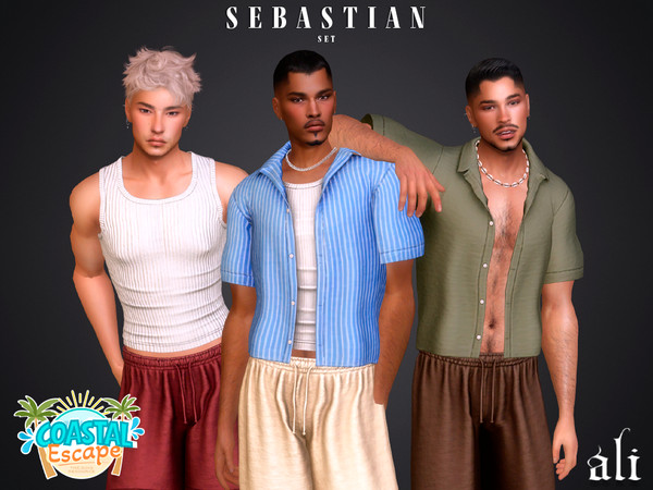 Sims 4 — Coastal Escape - SEBASTIAN set by ali1 — Two Shirts, Tank Top, Shorts and Trousers New Mesh