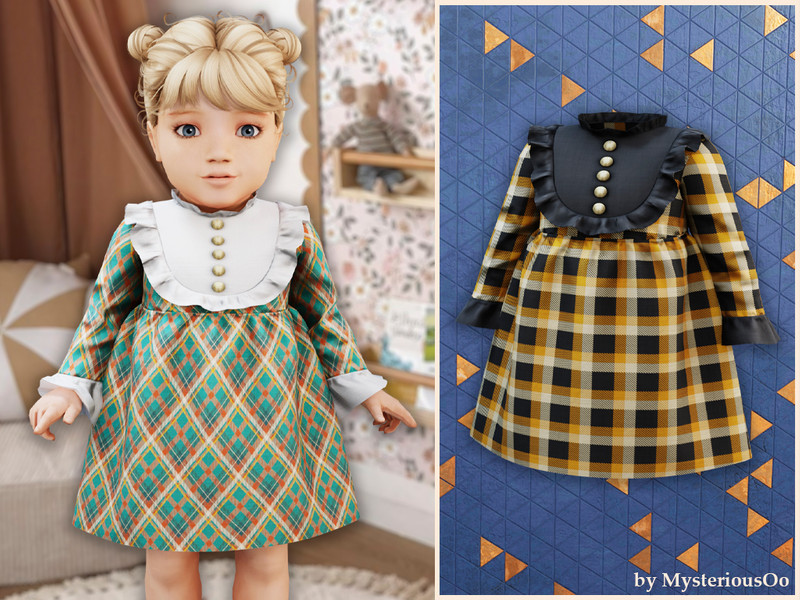 Sims 4 infant clothing and accessory CC Infant - Ruffle bib plaid dress by MysteriousOo