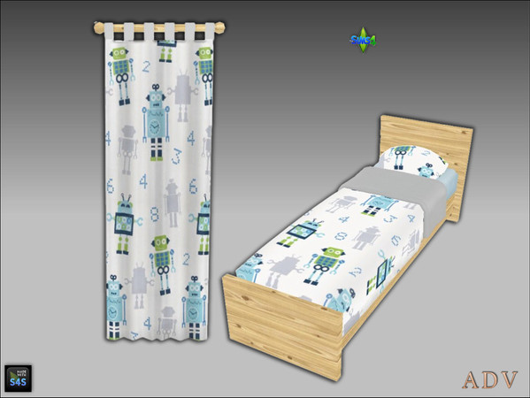 Sims 4 — ADV-Mabra FIVE s4BedCurtainSet by MABRA2 — Set includes a single bed with bedding and a matching curtain.