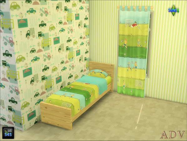Sims 4 — ADV_Mabra_s4BedCurtainSet07_curtain by MABRA2 — Set includes a single bed with bedding and a matching curtain.