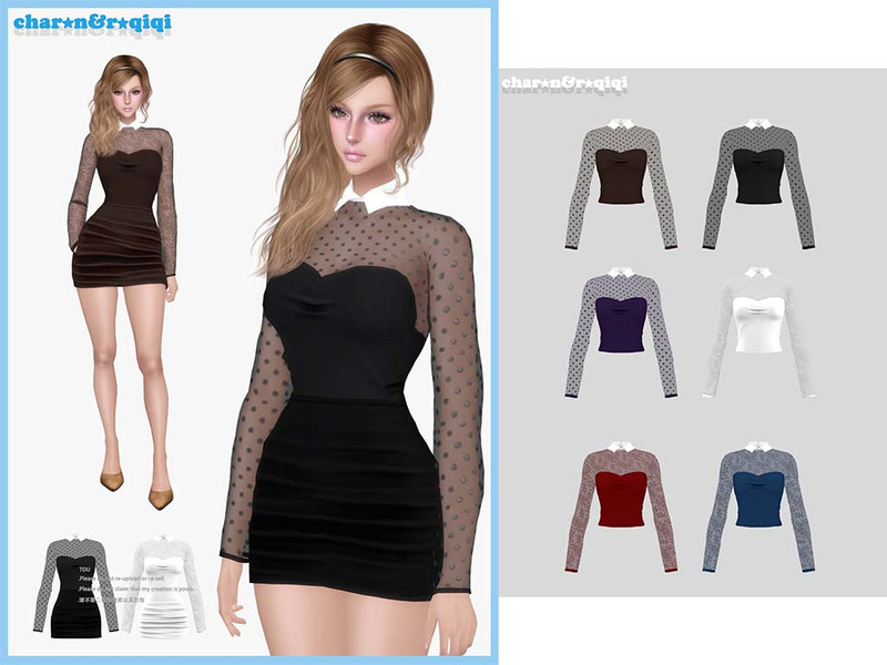 Sims 4 lace bow and ruffle fashion CC 2026-Polka dot lace-top by roqiqi