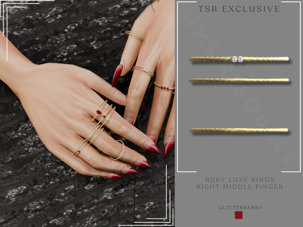 Sims 4 — Ruby Luxe Gold Ring Stack Right Middle Finger by Glitterberryfly — A set of 3 rings for the right hand. All set