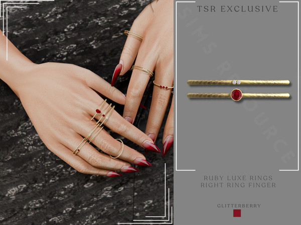 Sims 4 — Ruby Luxe Gold Ring Stack Right Ring Finger by Glitterberryfly — A set of 3 rings for the right hand. All set in
