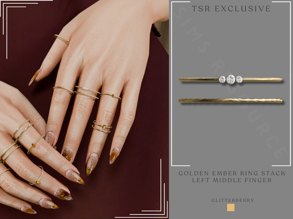 Sims 4 — Golden Ember Ring Stack Left Middle Finger by Glitterberryfly — A ring stack set for the left hand. Features
