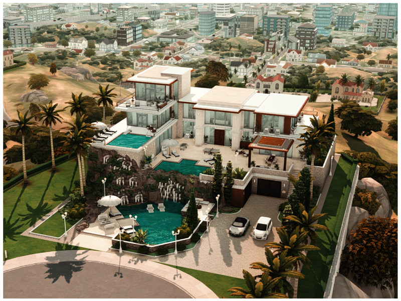 Sims 4 waterfront and pool CC CC MM Waterfall Mansion by Merin_Martini