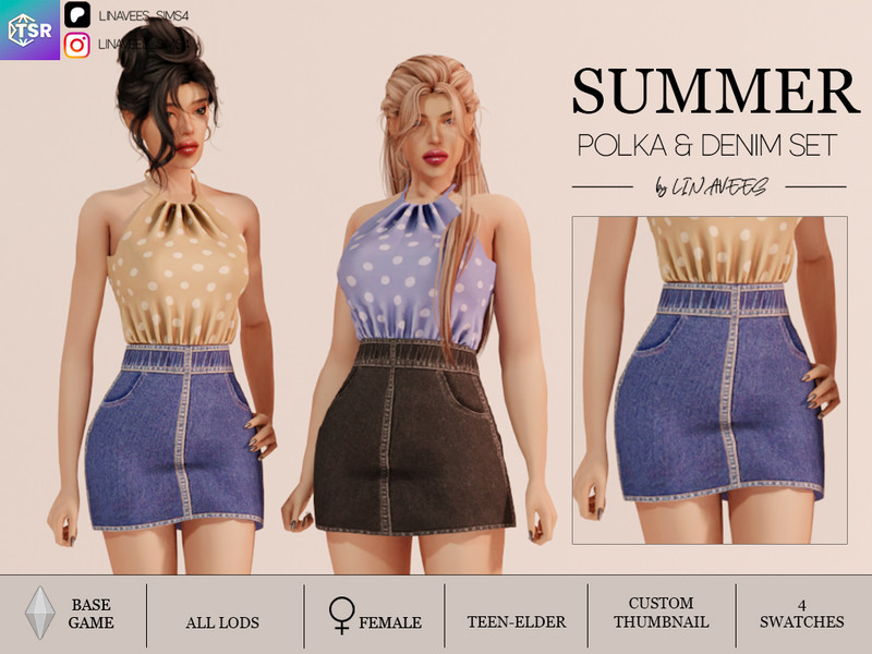 Sims 4 CC POLKA AND DENIM SET - SKIRT by linavees