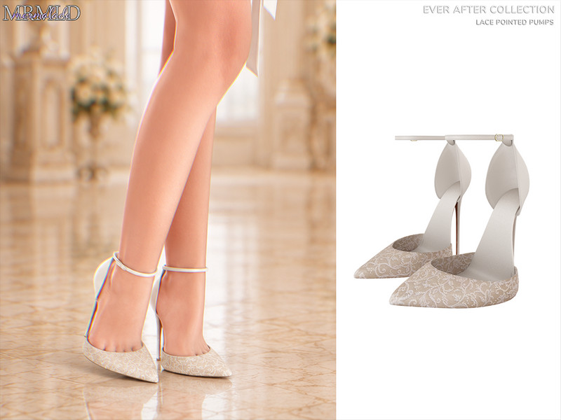 Sims 4 lace bow and ruffle fashion CC Ever After Lace Pointed Pumps by Mermalade