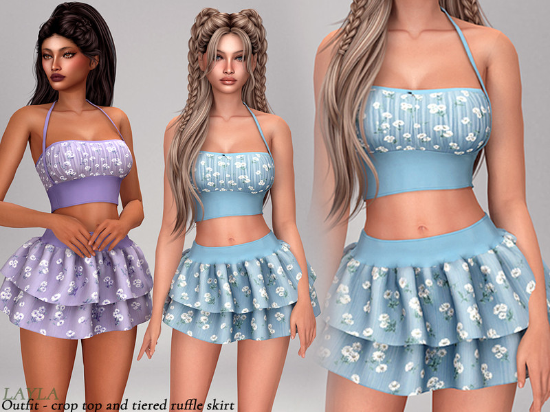 Sims 4 lace bow and ruffle fashion CC Layla - Two-piece outfit crop top and tiered ruffle skirt by Layla