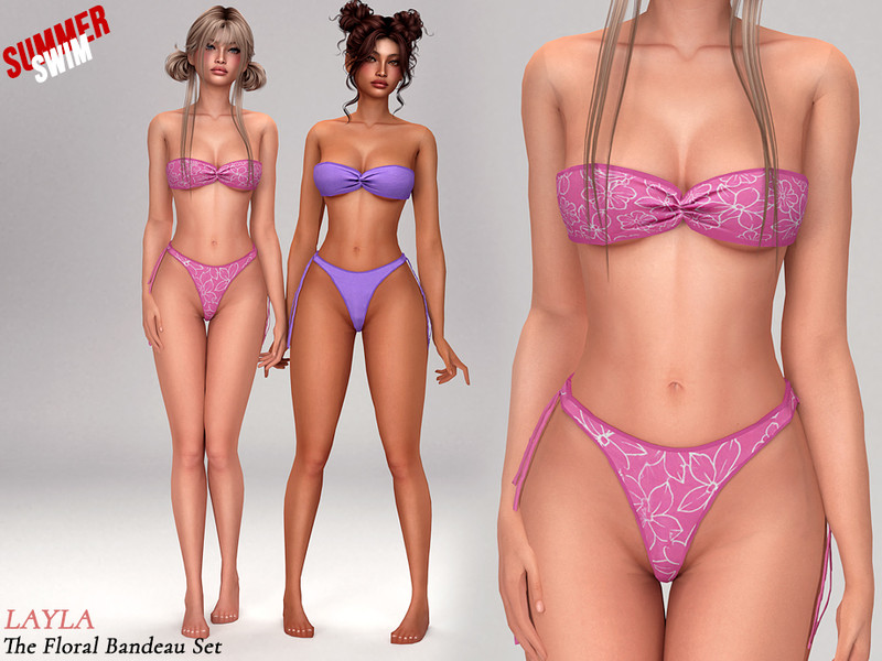 Sims 4 spring clothing CC Layla - Floral strapless bandeau with high-hip bottoms bikini by Layla
