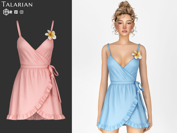 Sims 4 — Rosa Floral Detail Wrap Mini Dress by talarian — Wrap mini dress with thin shoulder straps, ruffle trim, side