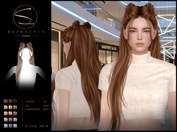 Sims 4 — S-CLUB Long straight-buns hairstyle by S-Club — Long straight-buns hairstyle 050826, thank you.