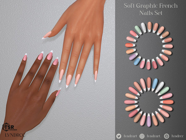 Sims 4 — Soft Graphic French Nails Set by LVNDRCC — Long almond and shorter ballerina nails with a classic French tip