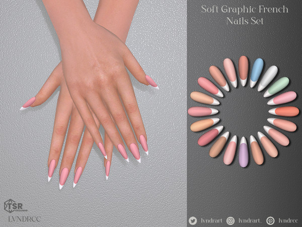 Sims 4 — Soft Graphic French Almond Nails by LVNDRCC — Long almond and shorter ballerina nails with a classic French tip