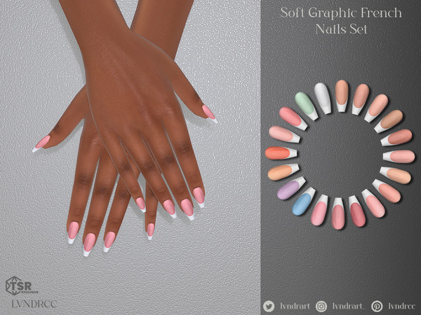 Sims 4 — Soft Graphic French Ballerina Nails by LVNDRCC — Long almond and shorter ballerina nails with a classic French