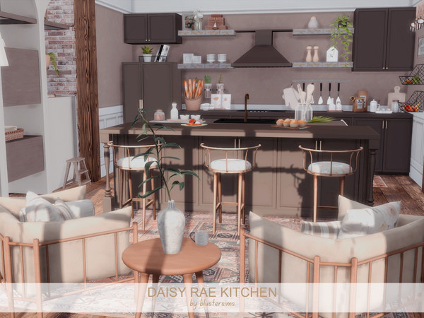Sims 4 — Daisy Rae Kitchen by BlusterSims — Daisy Rae Kitchen is a cozy, rustic-inspired space with dark cabinetry, warm