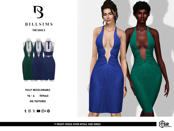Sims 3 — V Front Cross Over Detail Midi Dress by Bill_Sims — This dress features a deep plunge V-front neckline with a