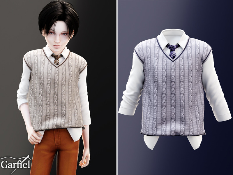 Sims 4 fall clothing CC Child - Preppy cable knit vest with shirt and tie by Garfiel