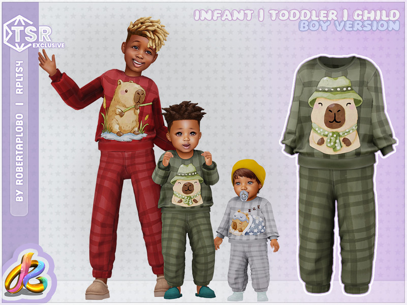 Sims 4 pajama CC Boys BOTTOM - Plaid Capybara Pajama Set - Toddler by RobertaPLobo