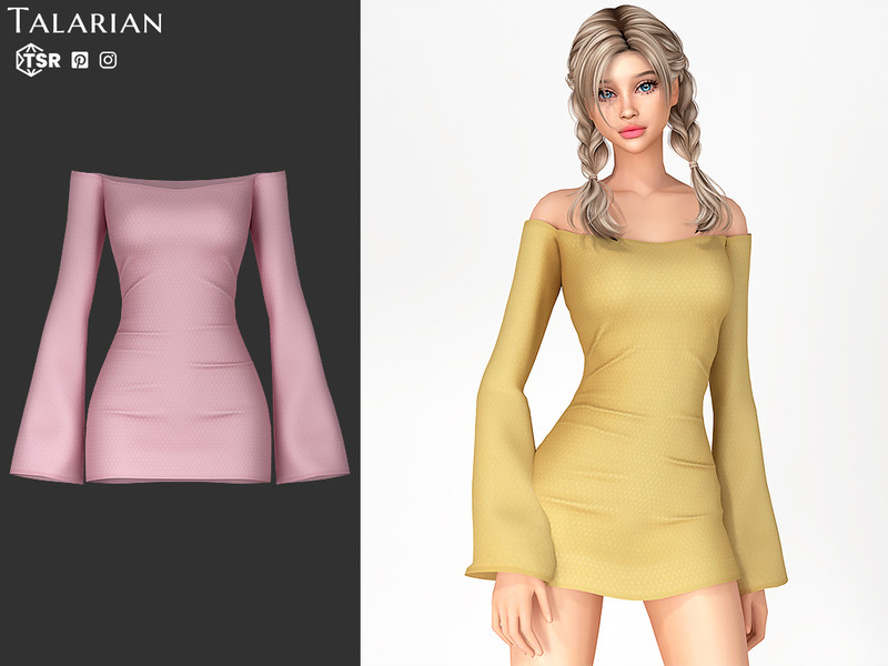 Sims 4 CC Skyler Off Shoulder Flared Sleeve Mini Dress by talarian