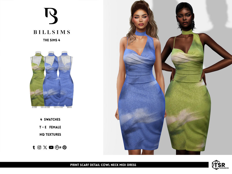 Sims 4 prom dress CC Print Scarf Detail Cowl Neck Midi Dress by Bill_Sims